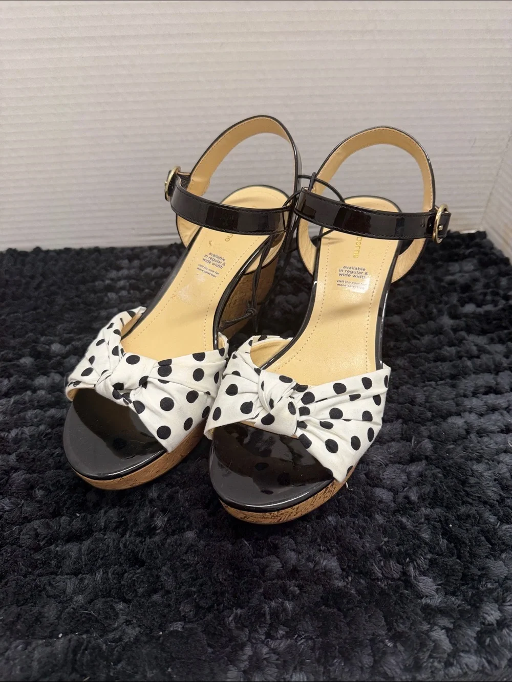 LIZ CLAIBORNE Polka Dot Bow Cork Platform Sandals - Black & White